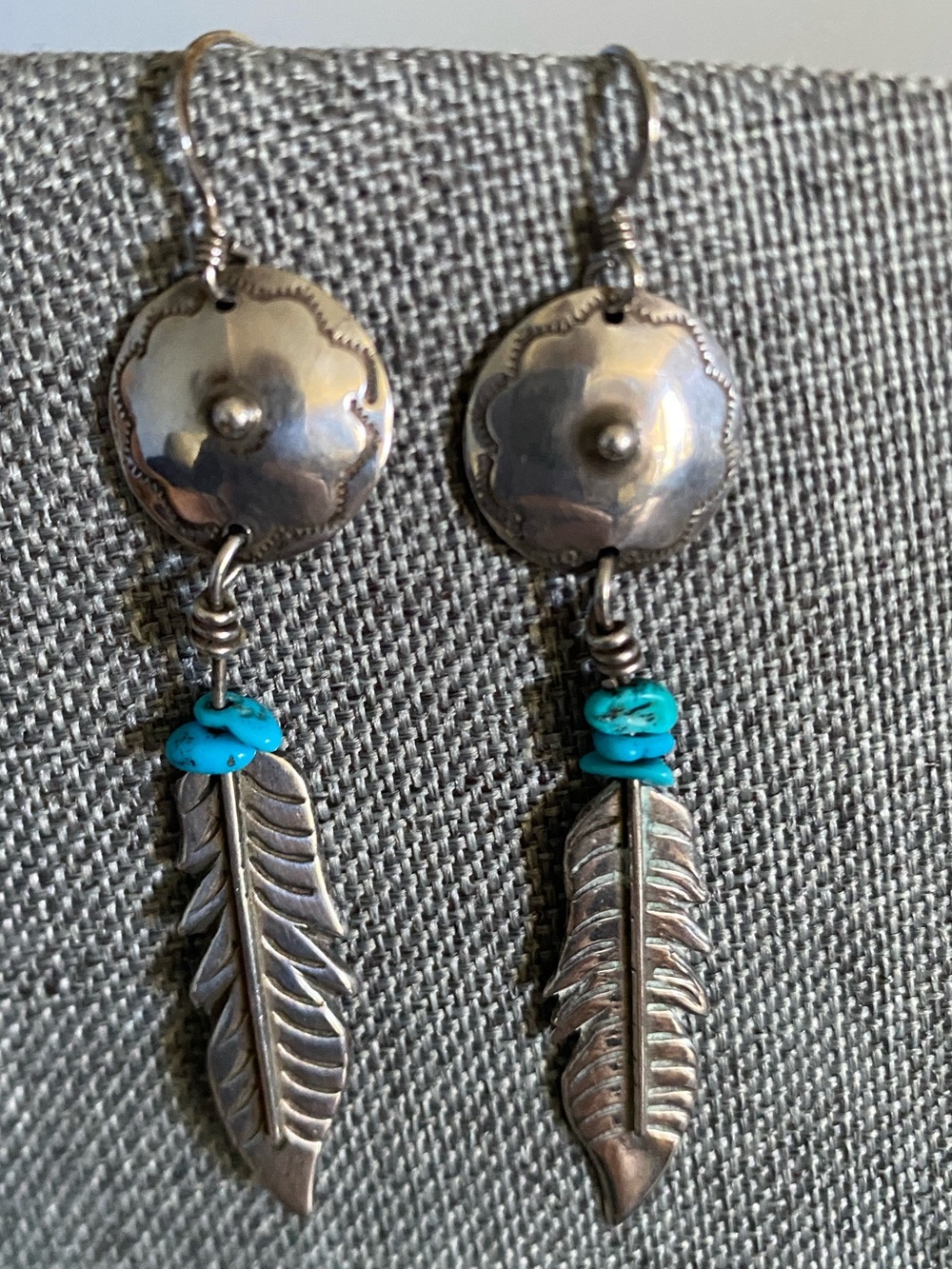 Handmade Native American Sterling Silver Concho Feather Earrings